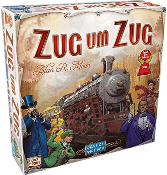 Der Karton zeigt eine alte Eisenbahn. Sie fährt in unsere Richtung. Im Vordergrund sind fünf Personen in eleganter Kleidung zu sehen.